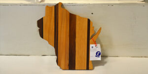 Wisconsin shaped wooden cutting board.